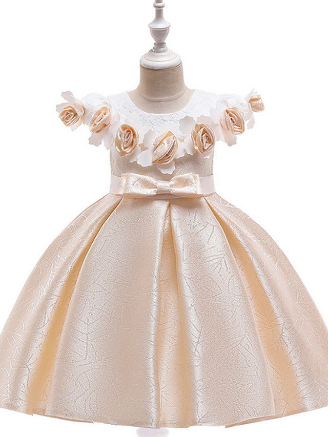 Oknass  Ball Gown Sleeveless Jewel Neck Flower Girl Dresses  Mikado  With Bow Color Block