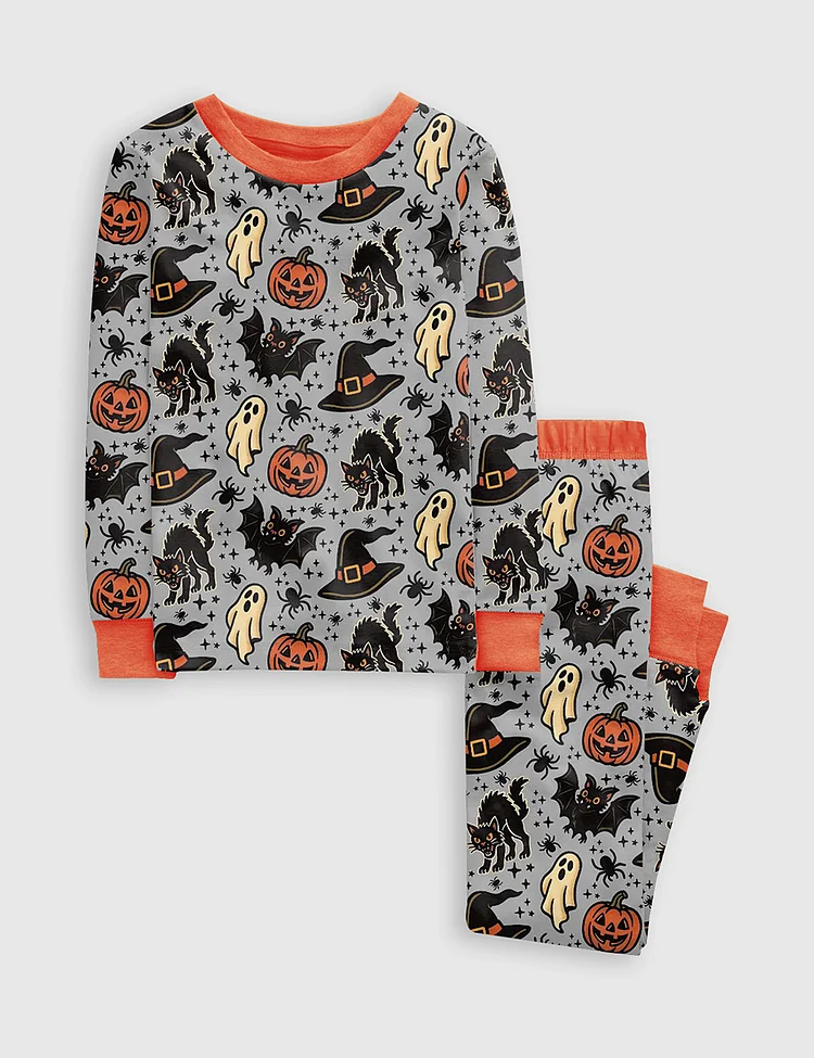 Kid's Halloween Spooky Ghosts Bats Cats Pumpkins Witch Long Sleeve Pajama Set