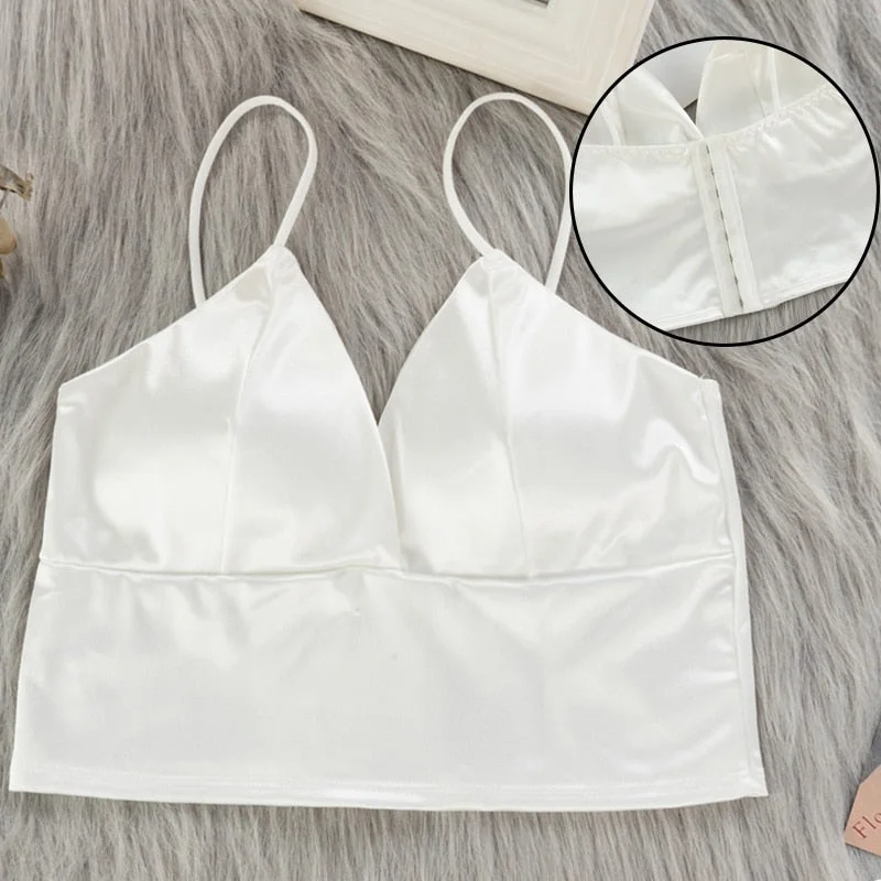 Sexy Satin Crop Tops Women Wireless Bralette Crochet Top Female Spaghetti Strap T-shirt Cropped with Chest Padded Camisole