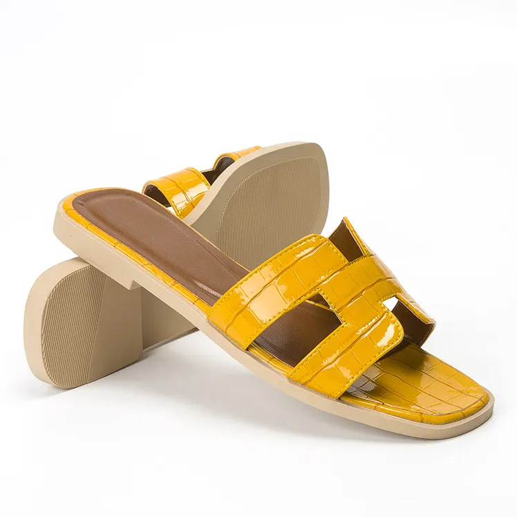 Womens Square Open Toe Summer Casual Flat Crocodile Slippers-vocosishoes