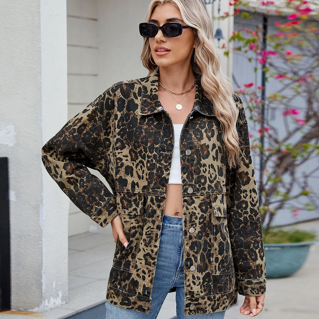 Women's Loose Leopard Print Denim Jacket with Adjusted Hoode