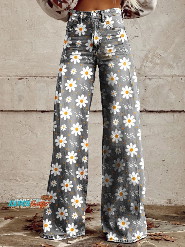 Women’s Vintage Flower Daisy Print Casual Wide Leg Pants Multicolor / S