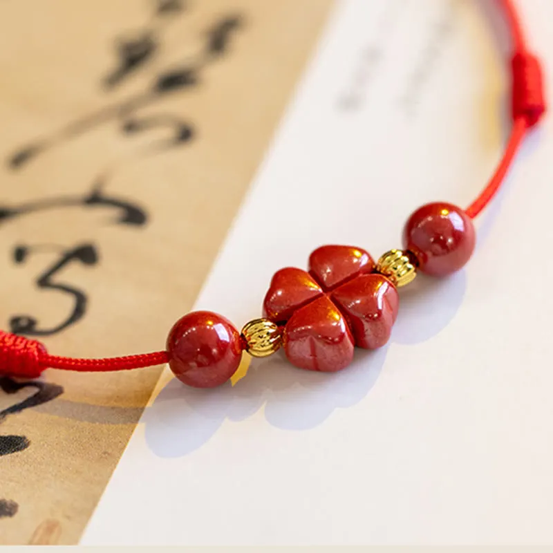 Four Leaf Clover Cinnabar Blessing Calm String Bracelet Anklet