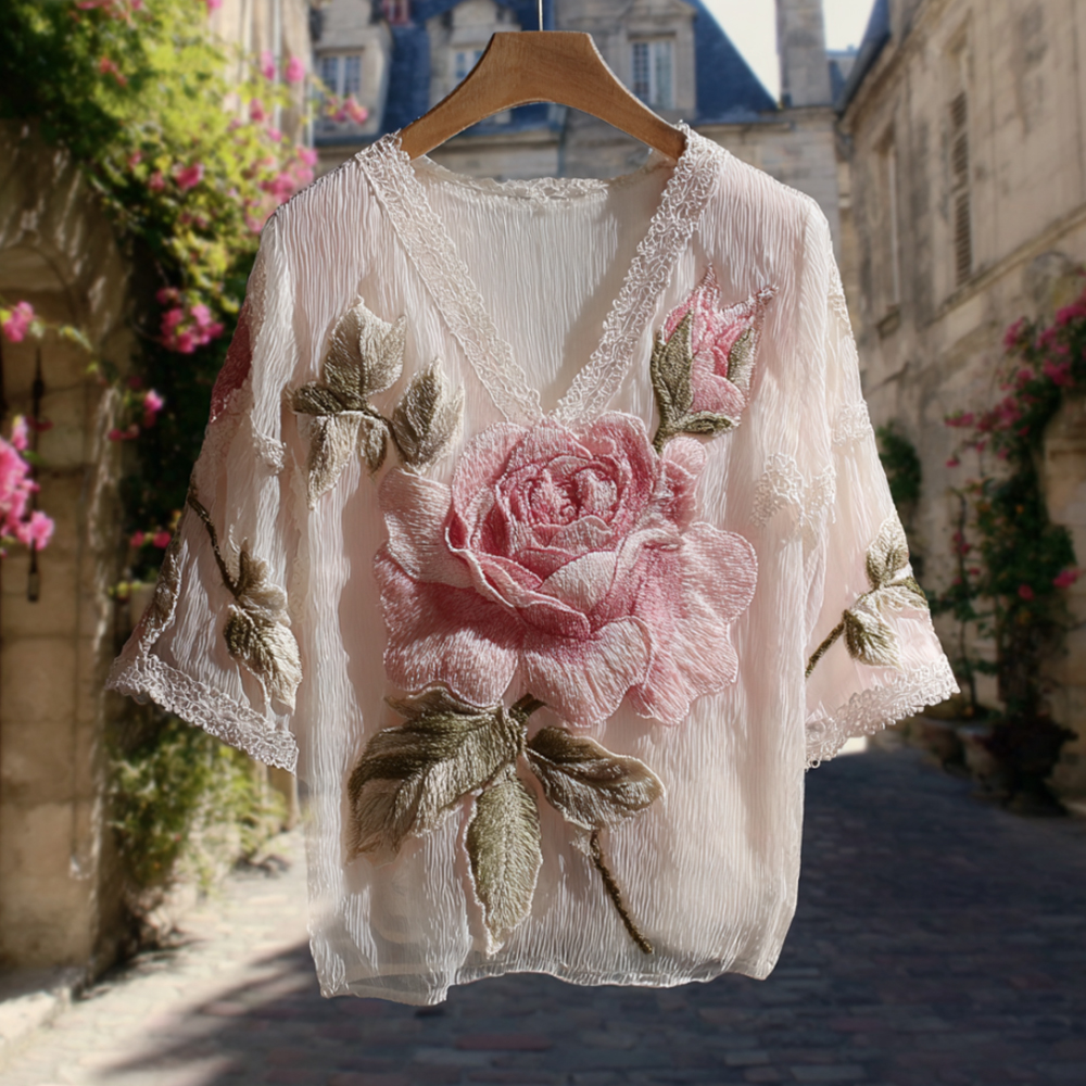 Vintage Pink Rose Art Embroidery Washed Short Sleeve V-neck Top elevenforest