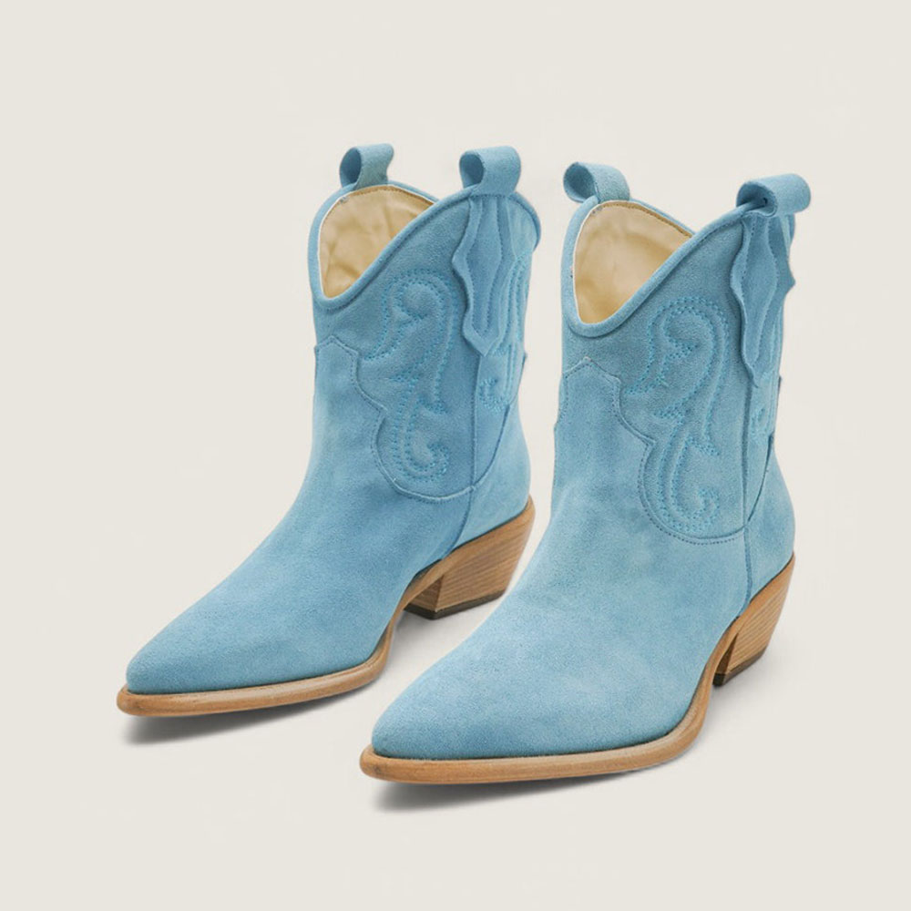 Ladies' Faux Suede Pointed Toe Embroidered Short Blue Cowgirl Boots Nicepairs