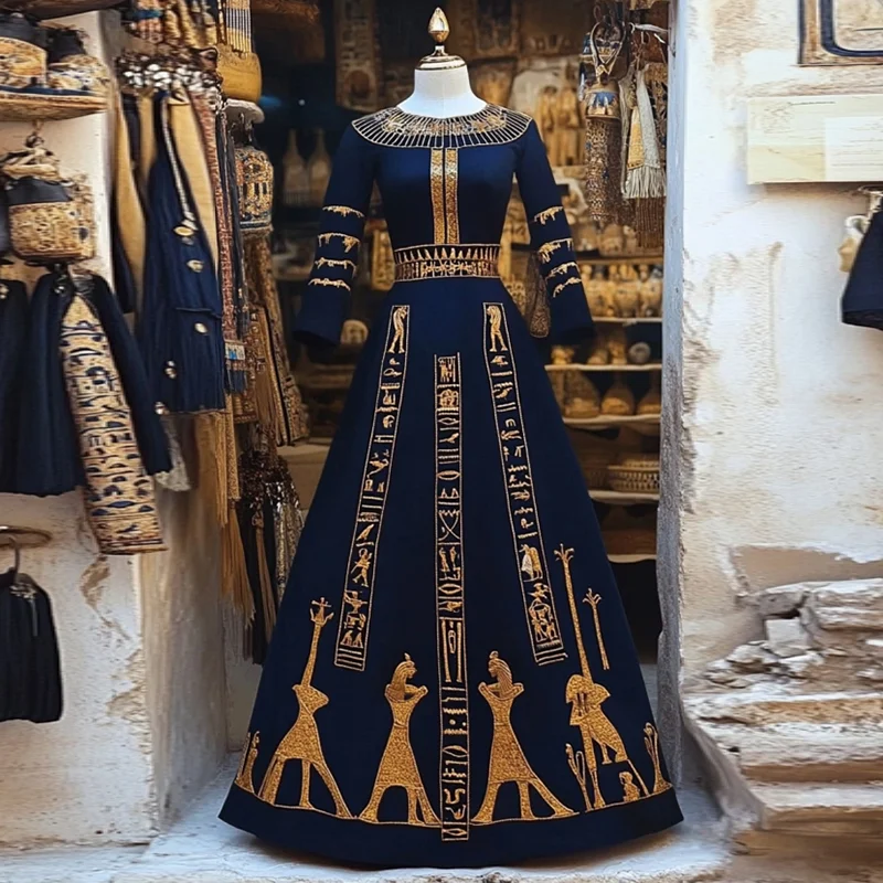 Vintage Ankh Ancient Egyptian Embroidered Art Maxi Dress