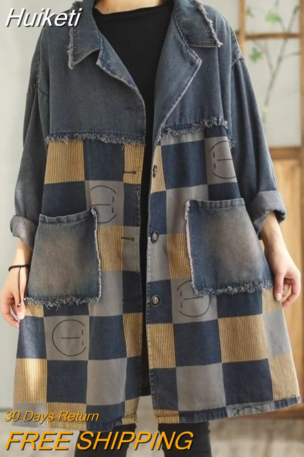 Huiketi Women's Denim Windbreaker 2023 Spring Streetwear Printed Loose Casual Trench Coat Long Turn-Down Collar Jean Jacket