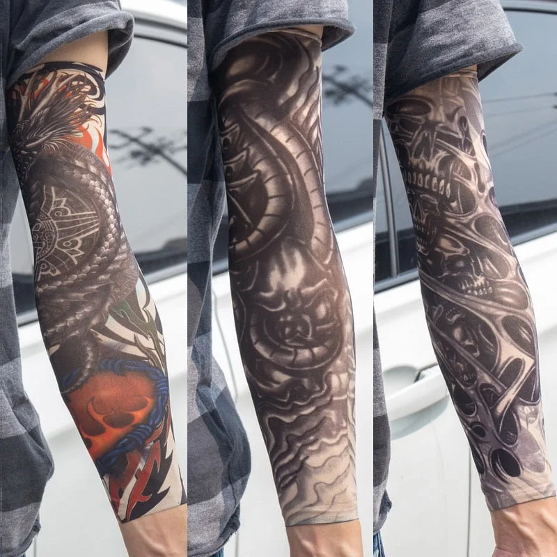 3PCS/lot new mixed 100%Nylon elastic Fake temporary tattoo sleeve skull wolf totem dragon designs body Arm stockings cool men