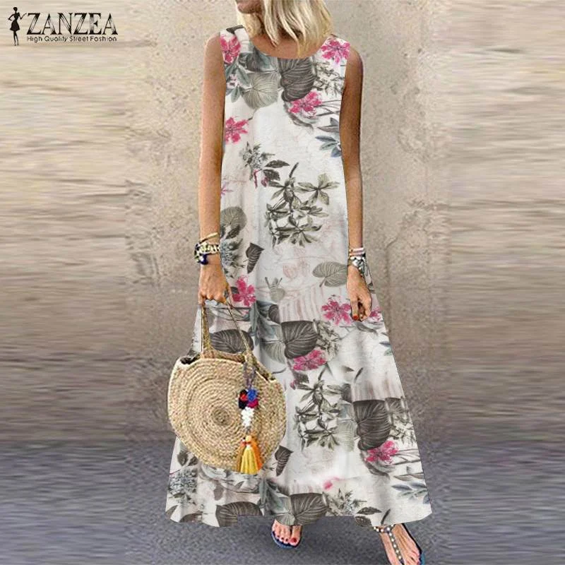 ZANZEA Summer Dress Women Bohemian Sleeveless Floral Printed Sundress Robe Vintage Kaftan Beach Vestido Femme Sarafans