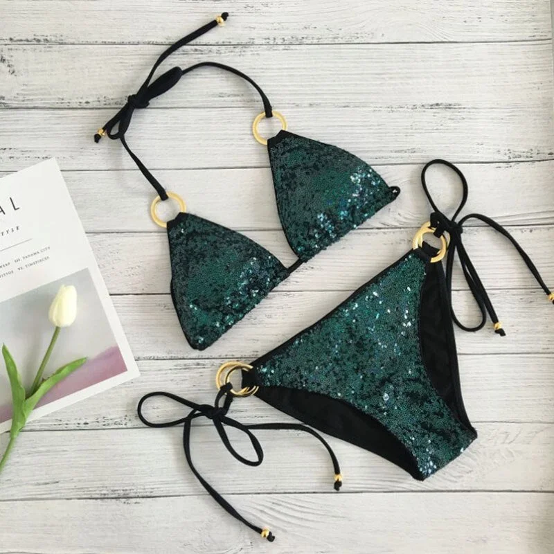 2021 New Sexy Bikinis Sequins Golden Color Women Bandage Bikini Set Push-up Padded Bra Swimsuit Suit Swimwear 2570