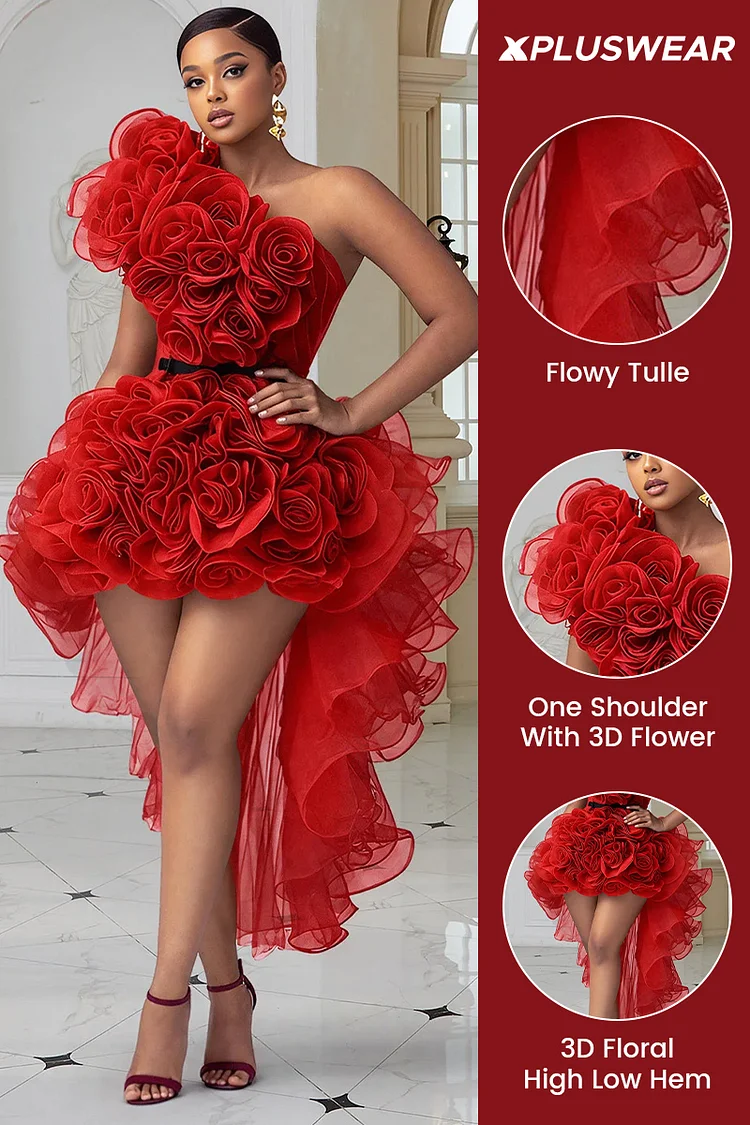 Xpluswear Design Plus Size Valentines Red One Shoulder High Low Hem 3D Tulle Mini Dresses [Pre-Order]