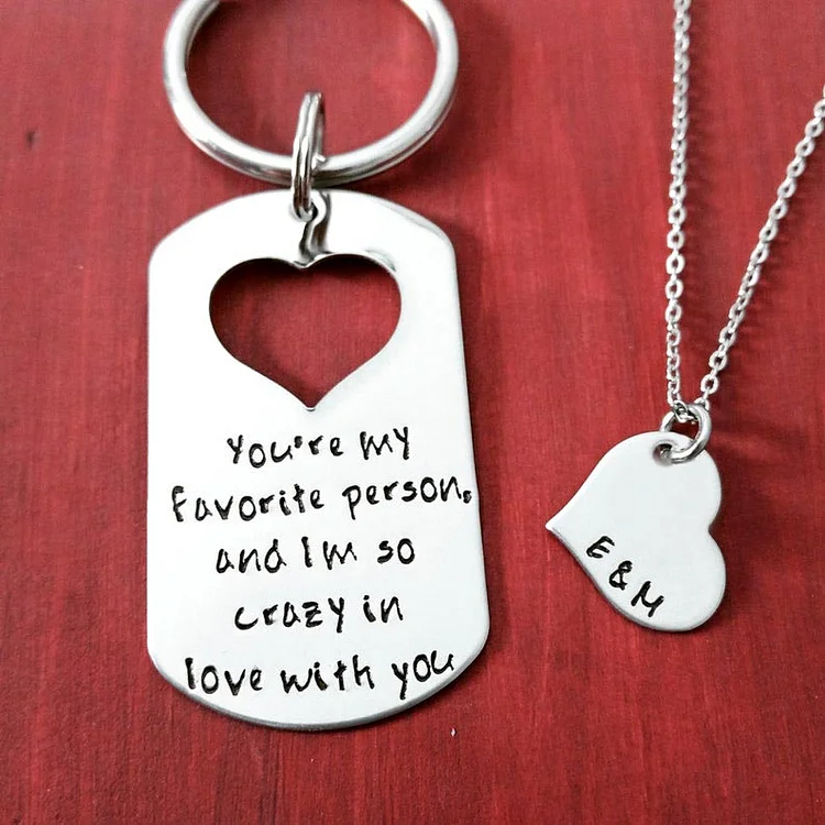 Personalized Necklace and Keychain Gift Set for Couple "You Are My Favorite Person"