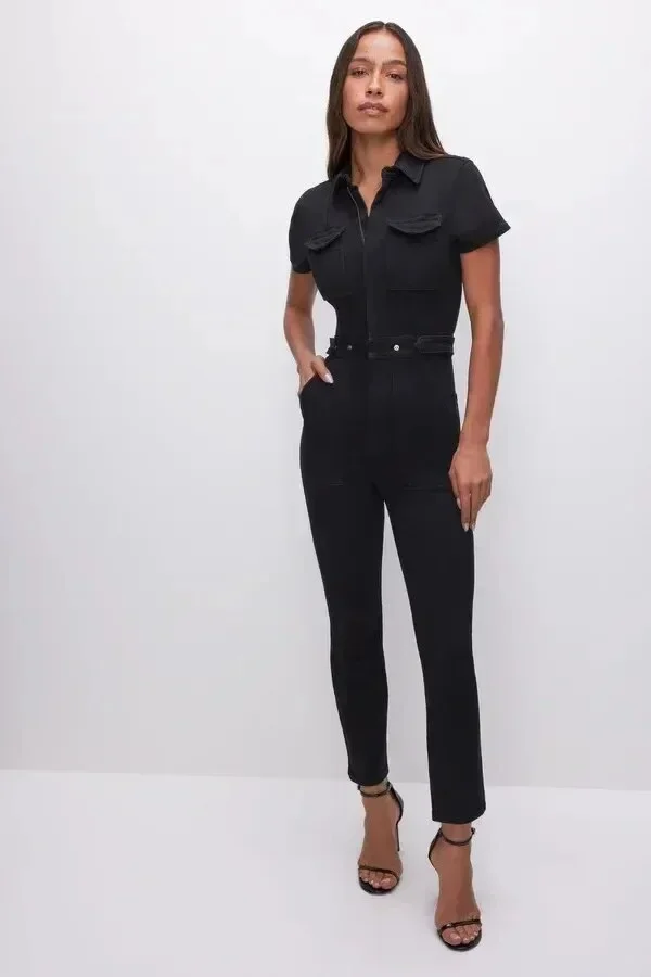 Budgetg Down Collar One Piece Women Solid Short Sleeve Tight High Waist Overalls Slim Fit Casual Rompers 2023 Long Pants Jumpsuits