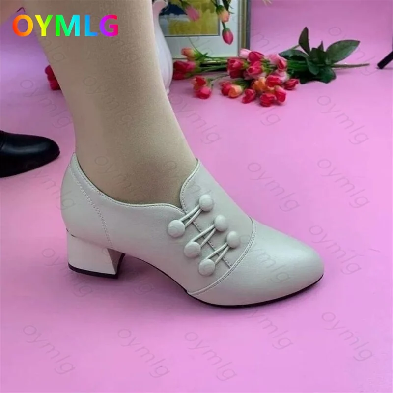 2021 single shoes new mid-heel women's leather shoes shallow mouth thick heel low-top shoes soft sole soft surface women's shoes