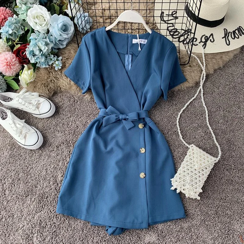 FTLZZ V-neck Beach Playsuits Women Vintage With Belt High Waist Wide-legged Shorts Pants Slim Holiday Jumpsuits