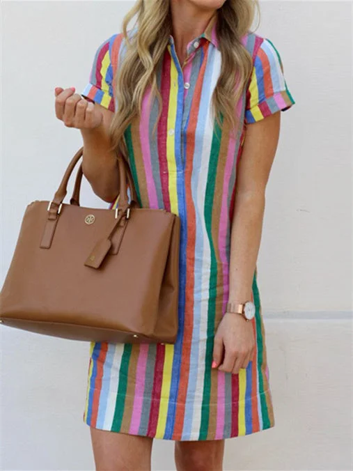 Women's Short Sleeve Label Colored Striped Mini Dress