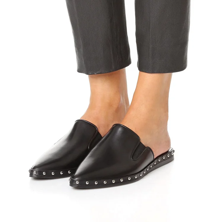 Black Pointed Toe Studded Trim Flat Mule Loafers |FSJ Shoes