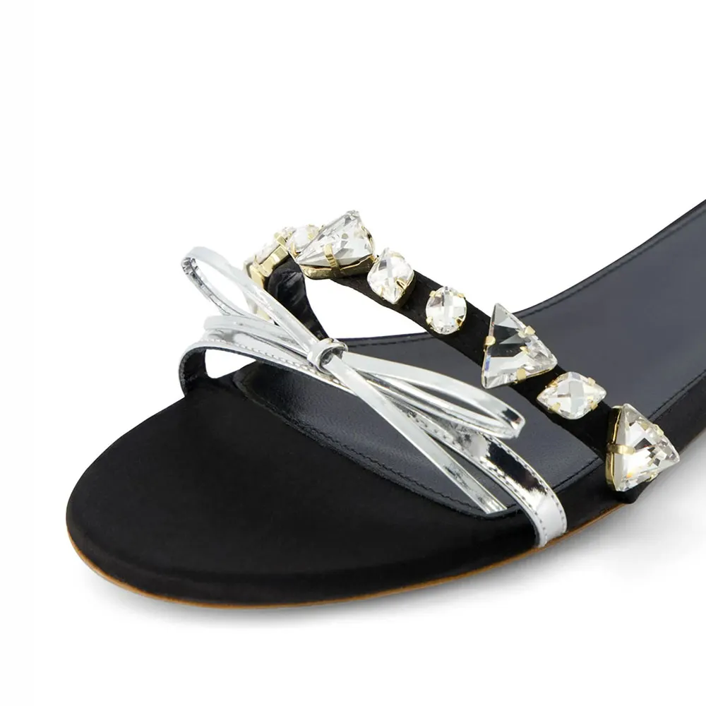 Women's Black Round Toe Flat Rhinestone Mules Sandals with Bow