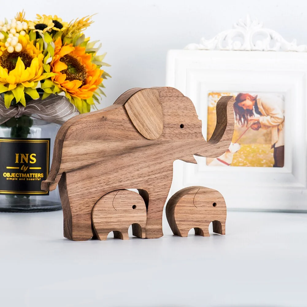 Wooden Elephant Family Home Decor Decoration Figurines Handmade Love Pet Sculpture Living Room Decoration For Mother's Day Gift