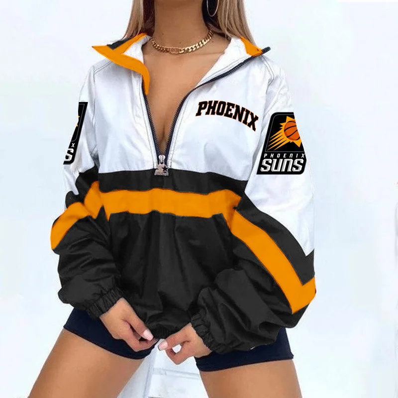 Women's Support Phoenix Suns Basketball Print V Neck Zipper Sweatshirt Jacket