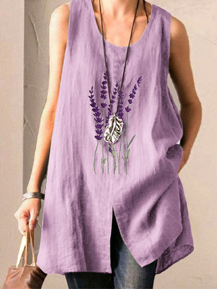 Lavender Flower Embroidery Sleeveless Tank Tops For Women P1678314