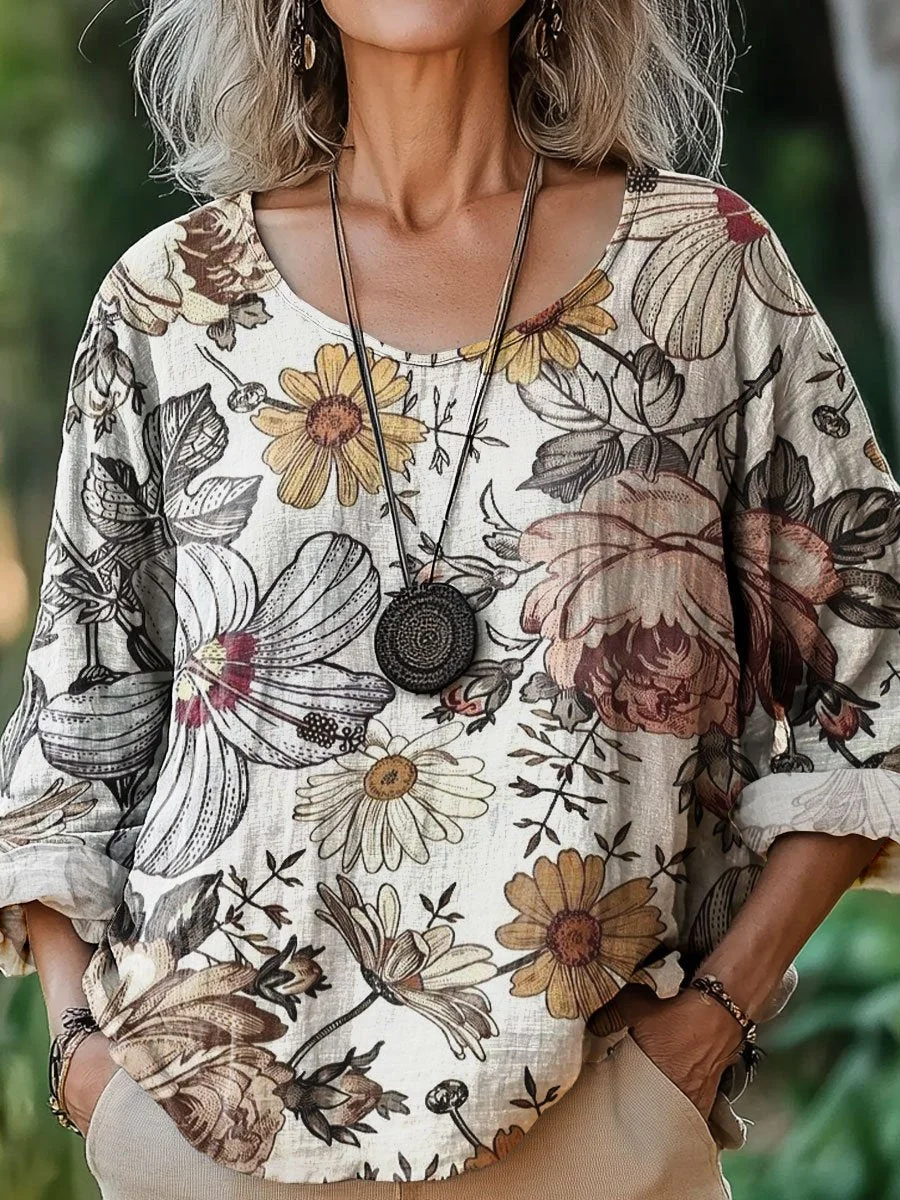 Women's Vintage Flower Art Print Casual Cotton And Linen Shirt