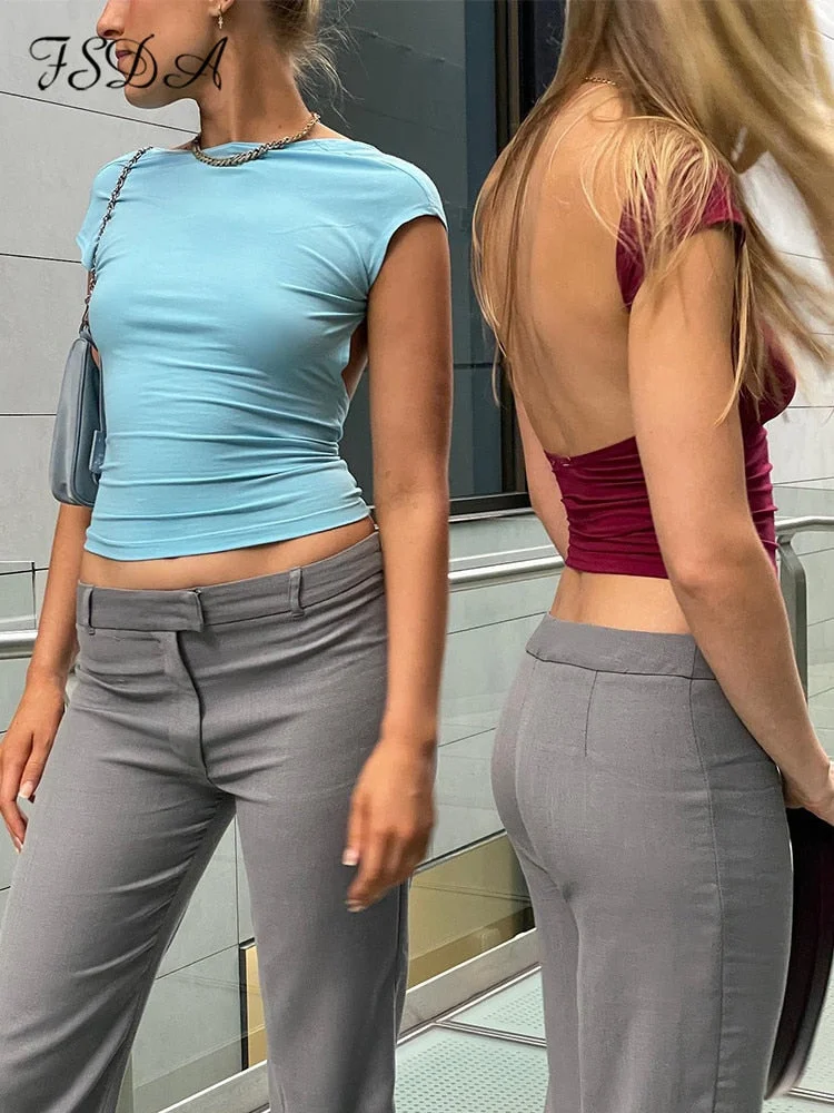 FSDA Backless Short Sleeve Blue Y2K Crop Top Women Casual O Neck 2022 Summer T Shirts Sexy Vintage Cut Out