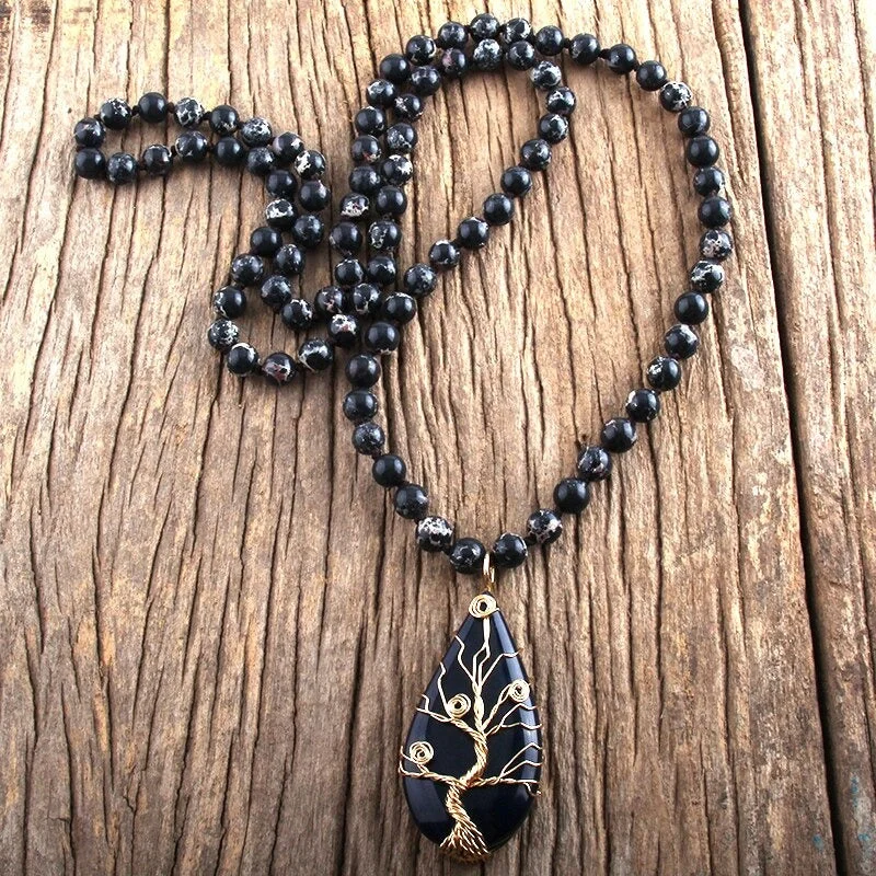 Wire Wrapped Tree of Life Waterdrop Pendant Necklace
