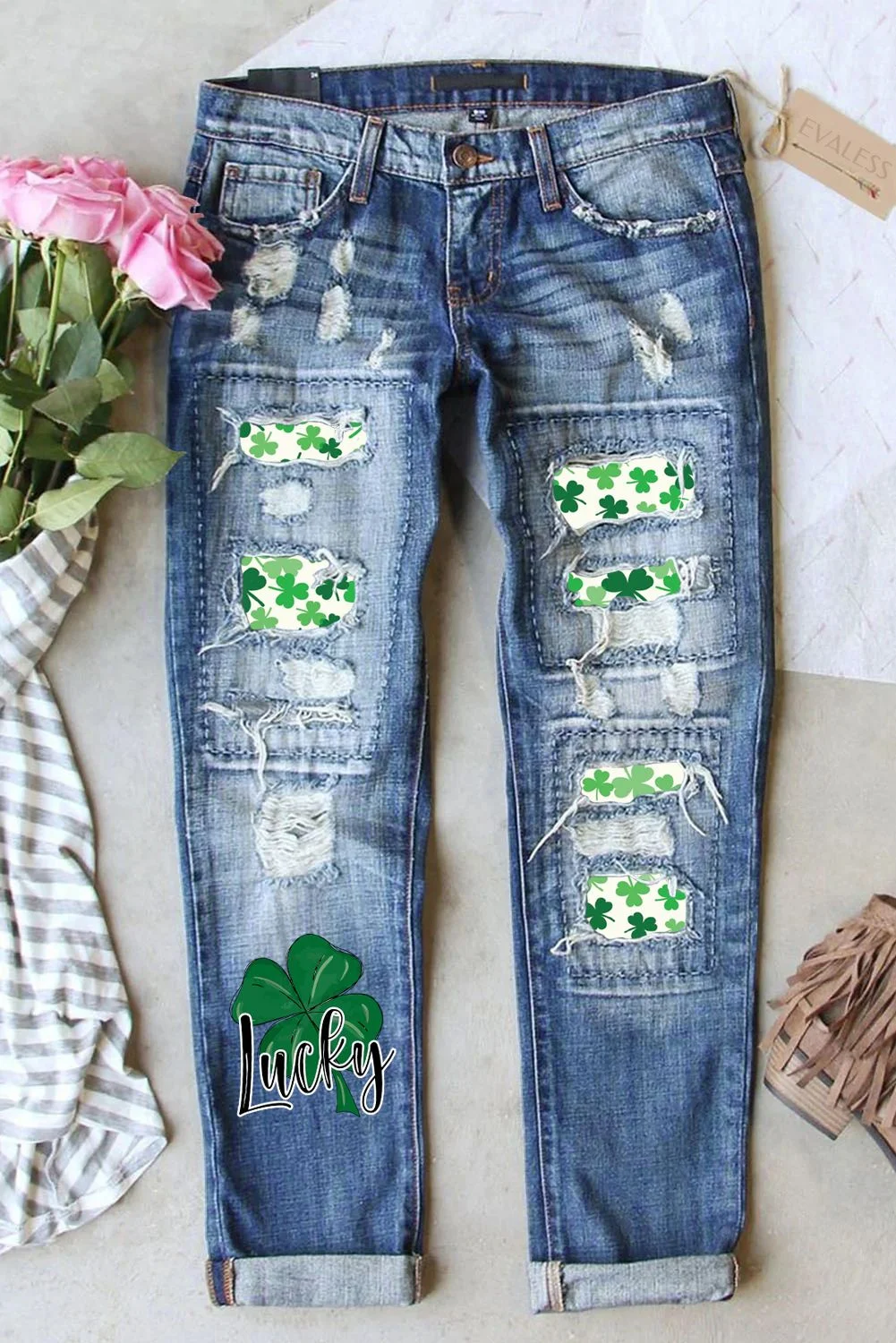 Green Clover Floral Shift Casual Ripped Jeans