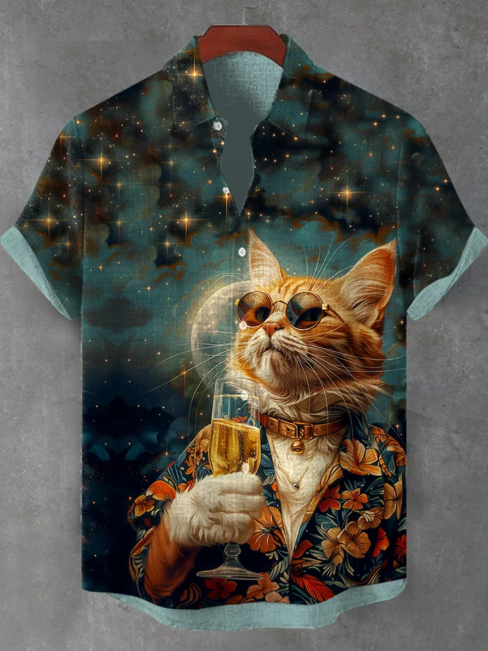 Men's Cat Moon Champagne Vacation Style Print Casual Shirt