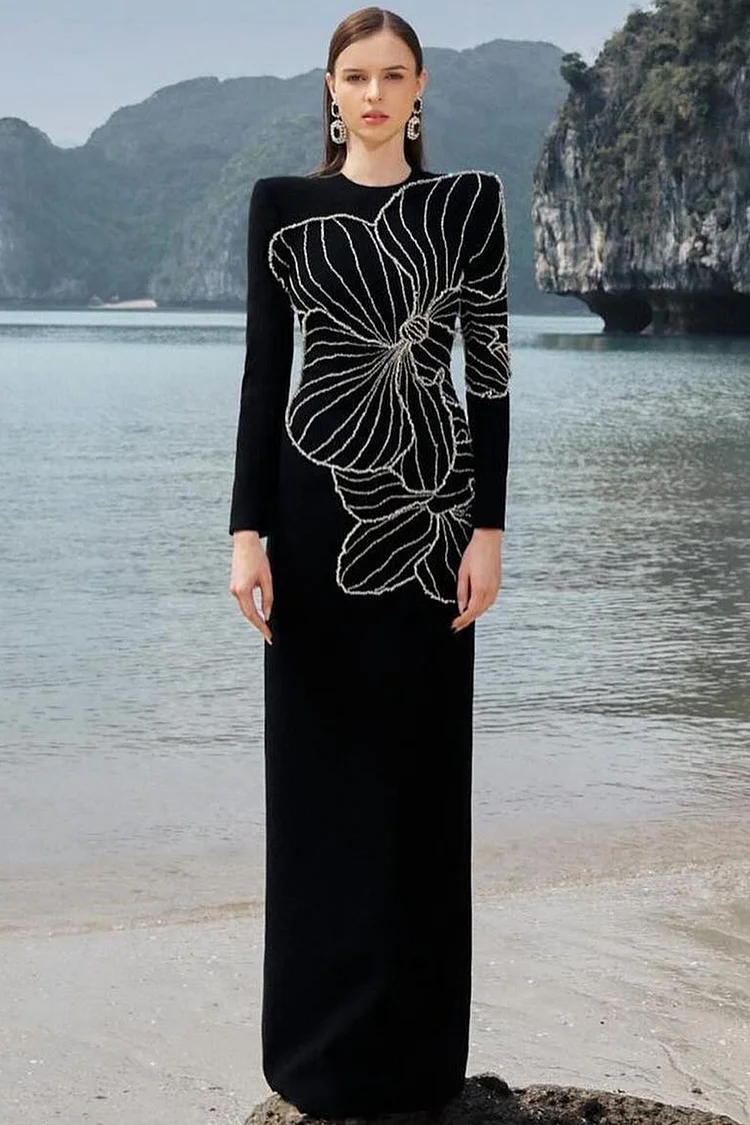 Floral Rhinestone Long Sleeve Maxi Dress-Black