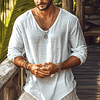 Men's Basic V-Neck Breathable Linen Long Sleeve Shirt by Inlyline