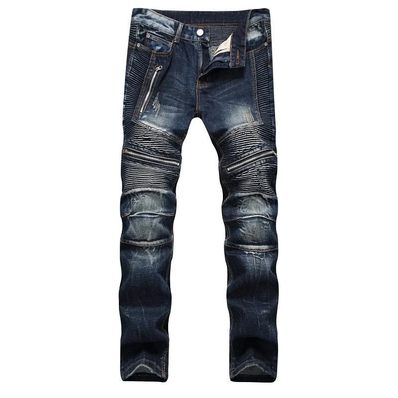 2021 AUTUMN Spring Men's Ripped Street HIP HOP Punk Stretch Bike Jeans Trendy Holes Straight Denim Trouers