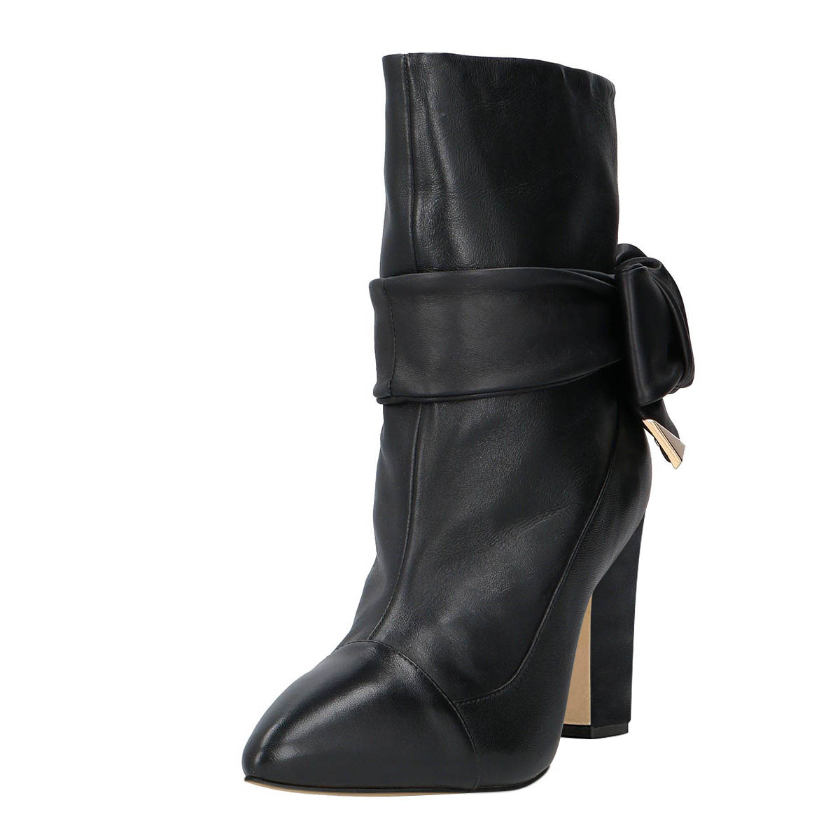Black Pointed Toe Chunky Heel Knot Strap Ankle Boots for Women Nicepairs
