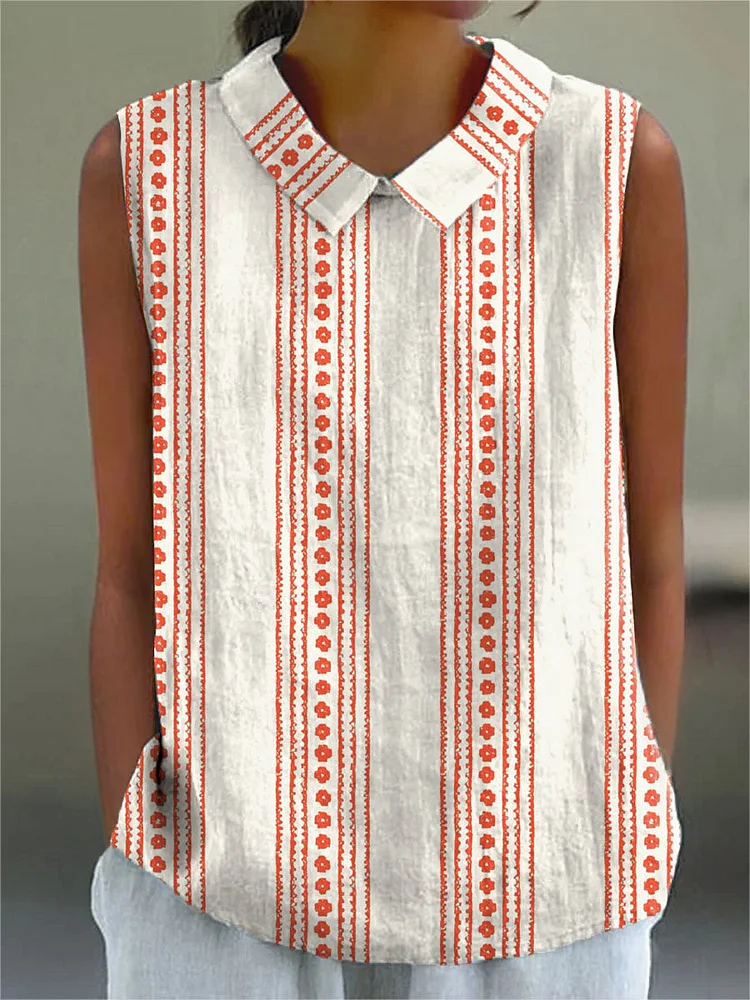 Women's Artistic Creative Lines Print Casual Cotton And Linen Shirt