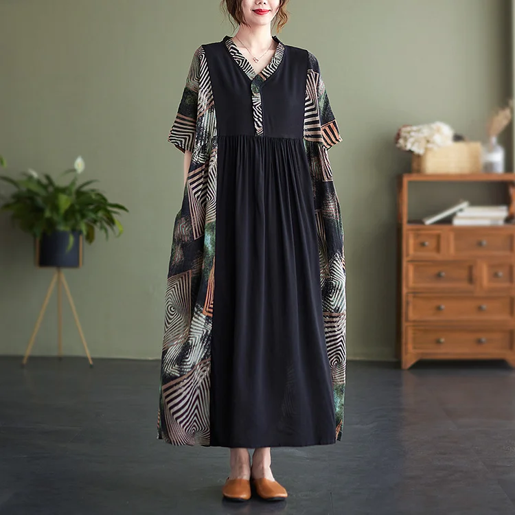 Loose Splicing Short Sleeve Maxi Dress