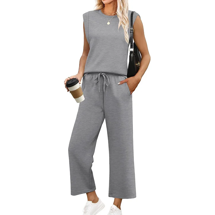 Utbros Casual Short Sleeve Wide Leg Top Two Piece Sets