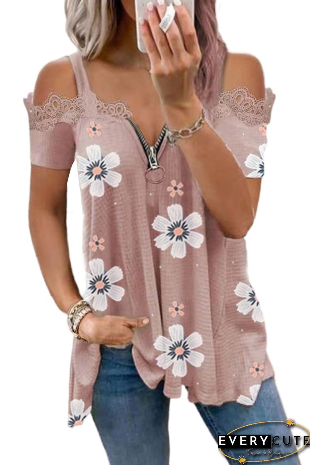 Pink Floral Print Lace Contrast Zipped Cold Shoulder T Shirt