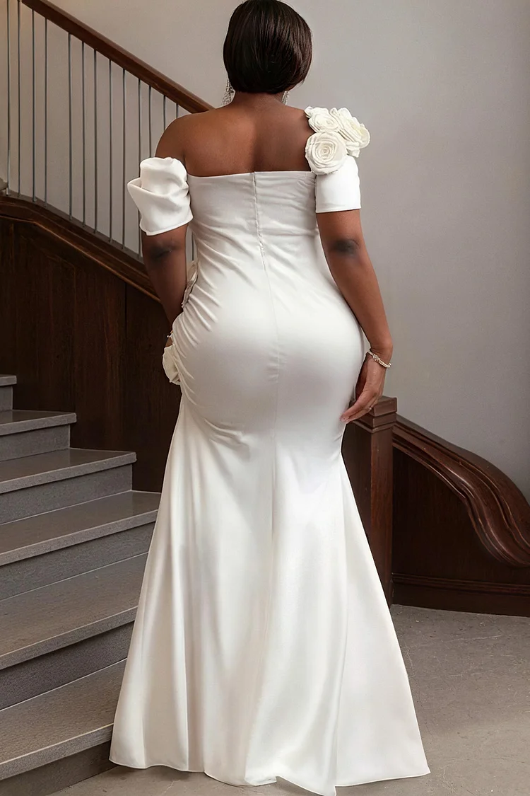 Xpluswear Design Plus Size Wedding White One Shoulder Split Elegant 3D Maxi Dresses [Pre-Order]