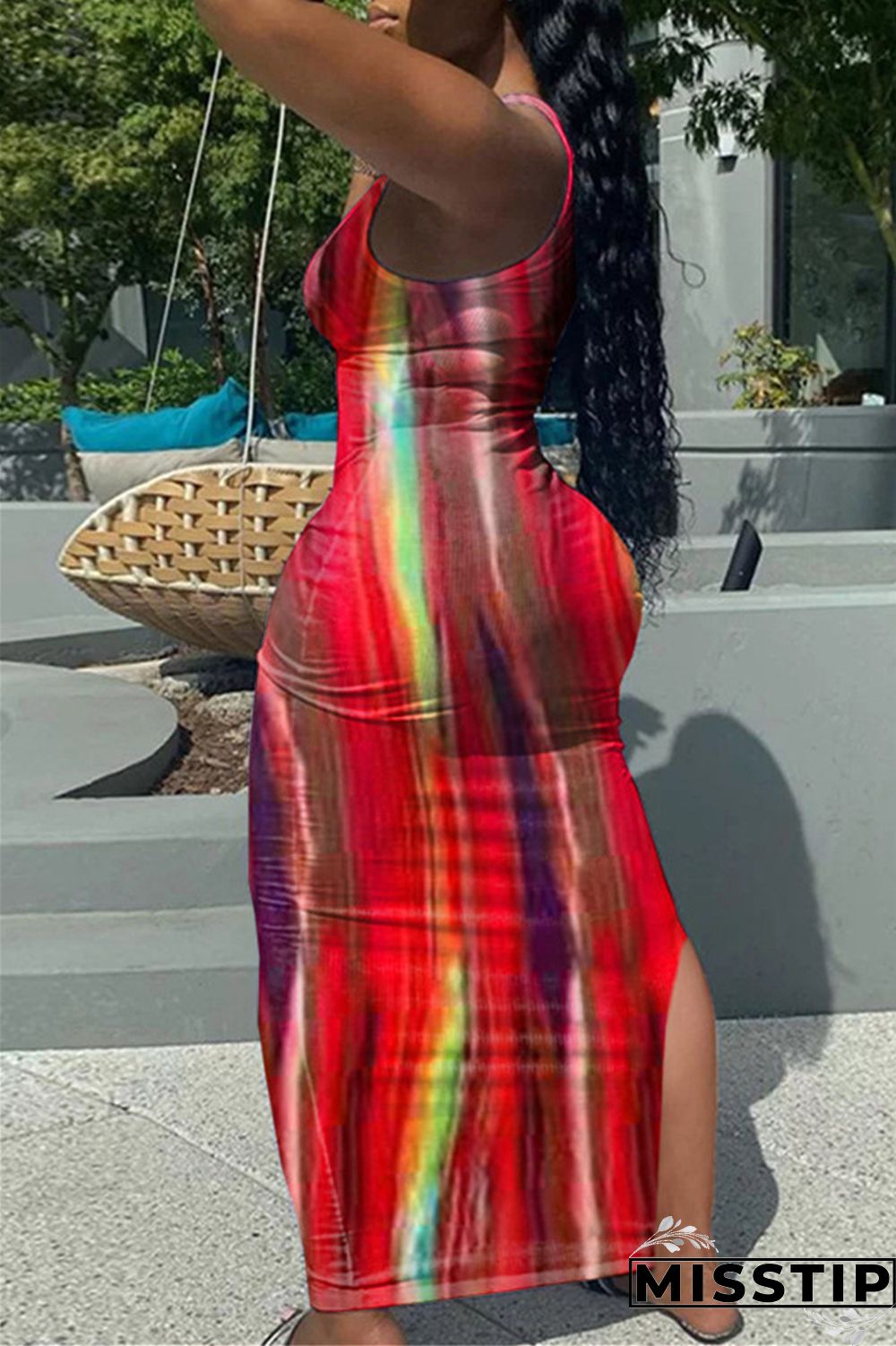Deep Blue Fashion Sexy Print Tie Dye Slit U Neck Vest Dress
