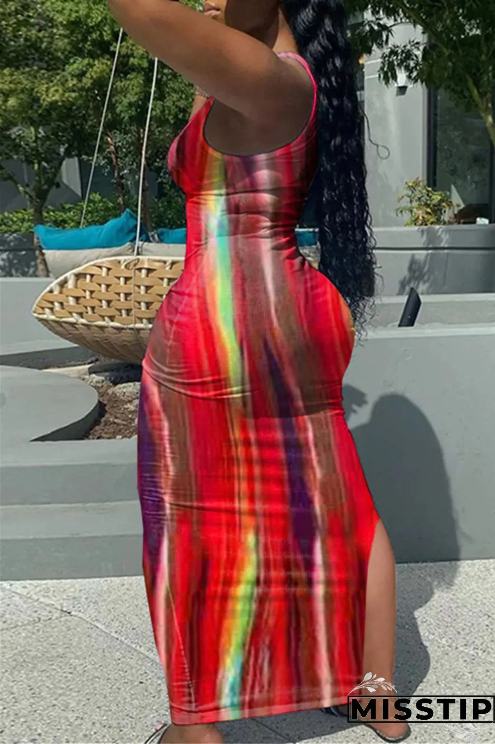 Deep Blue Fashion Sexy Print Tie Dye Slit U Neck Vest Dress