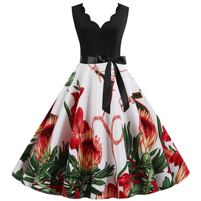 Summer Sleeveless V-neck Floral Print Large Swing Dress For Women
