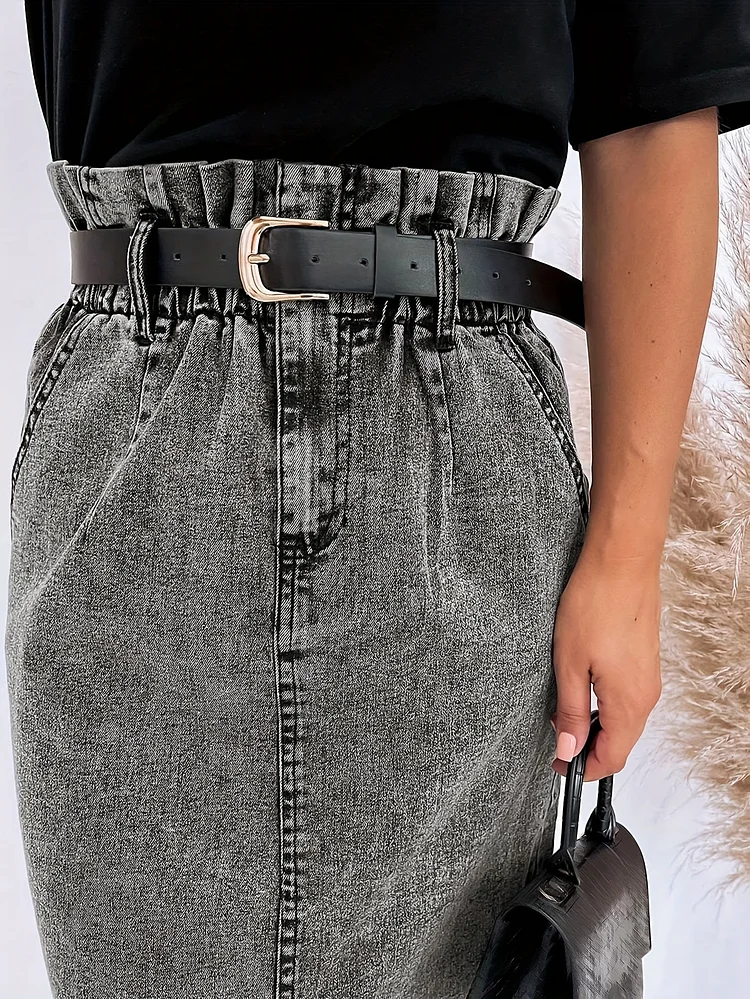 Mid Waist Straight Denim Skirt With Waist Belt | Ladies' Fashionable Slit, Practical Pockets, Versatile For Daily Use