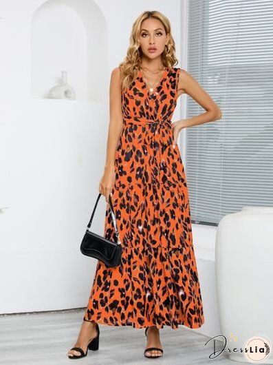 Tied Printed Surplice Tiered Tank Dress