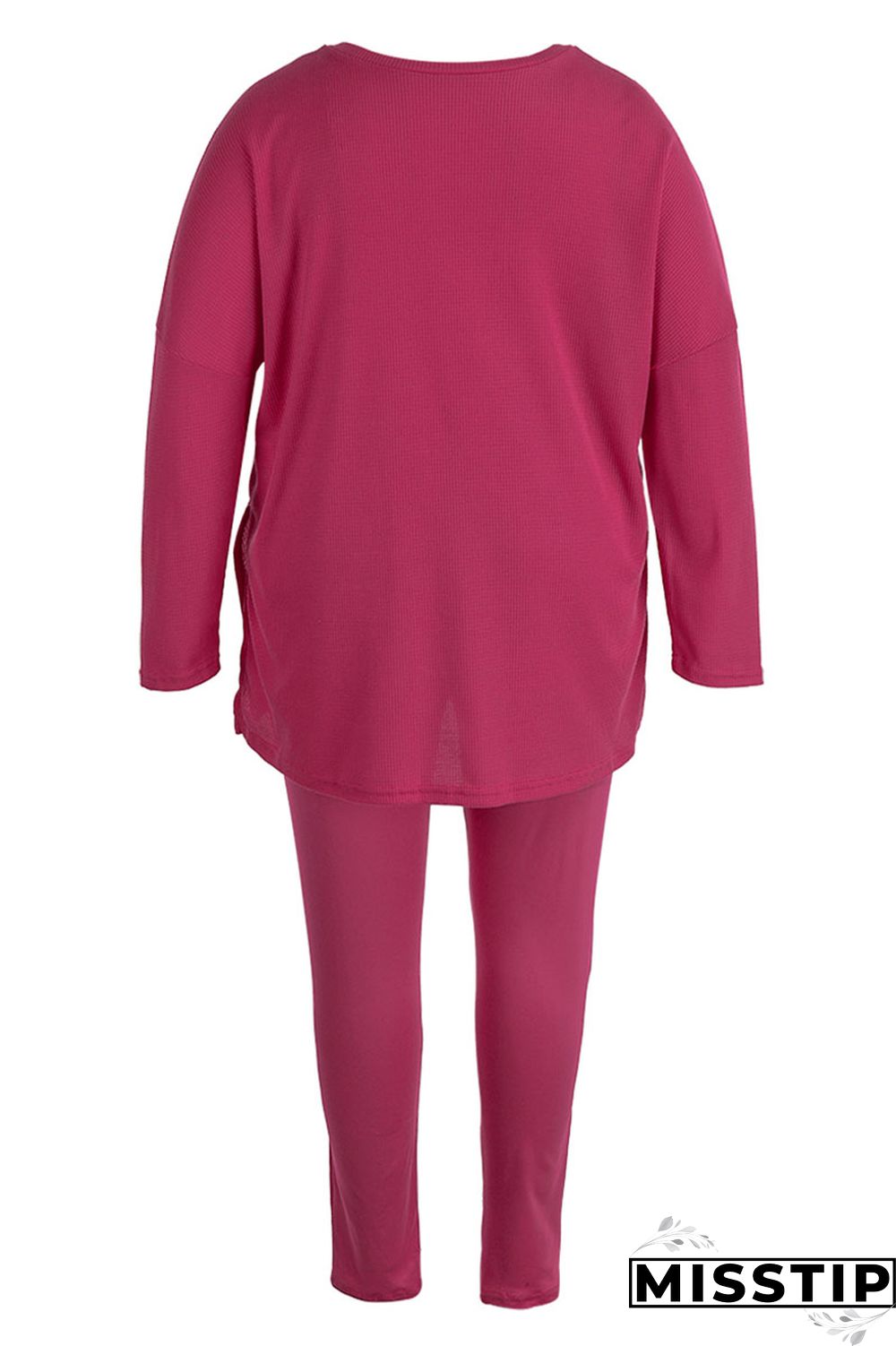 Rose Red Casual Solid Patchwork Slit V Neck Plus Size Two Pieces