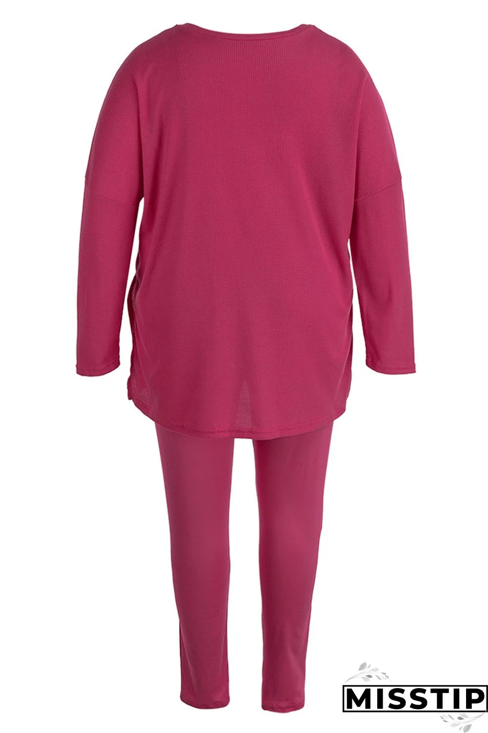 Rose Red Casual Solid Patchwork Slit V Neck Plus Size Two Pieces