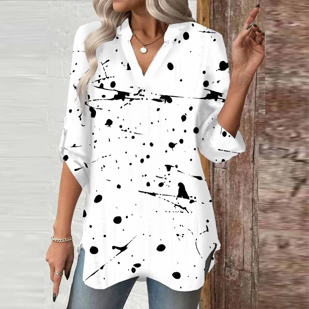 Women Splash, Black, White DZGA0692 3/4 Sleeve V-neck Printed Graphic Button Tops