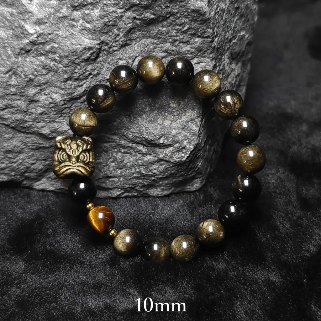 JiStones | The Awakening Lion: Natural Obsidian & Tiger's Eye Protection Bracelet 10mm | Golden Guardian Lion | Gold Obsidian & Tiger Eye