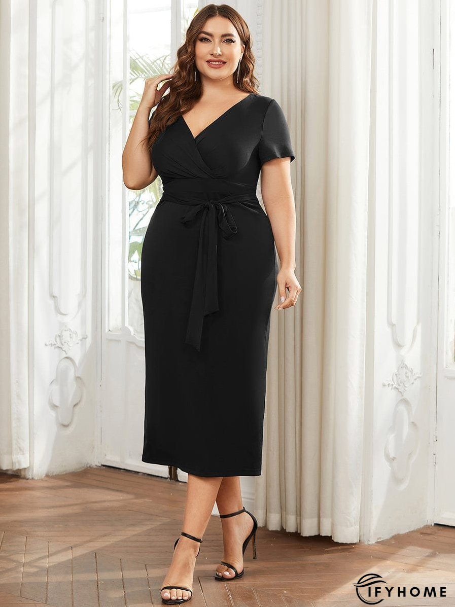 Elegant Deep V Neck Short Sleeve Cocktail Dress with Waist Belt | IFYHOME