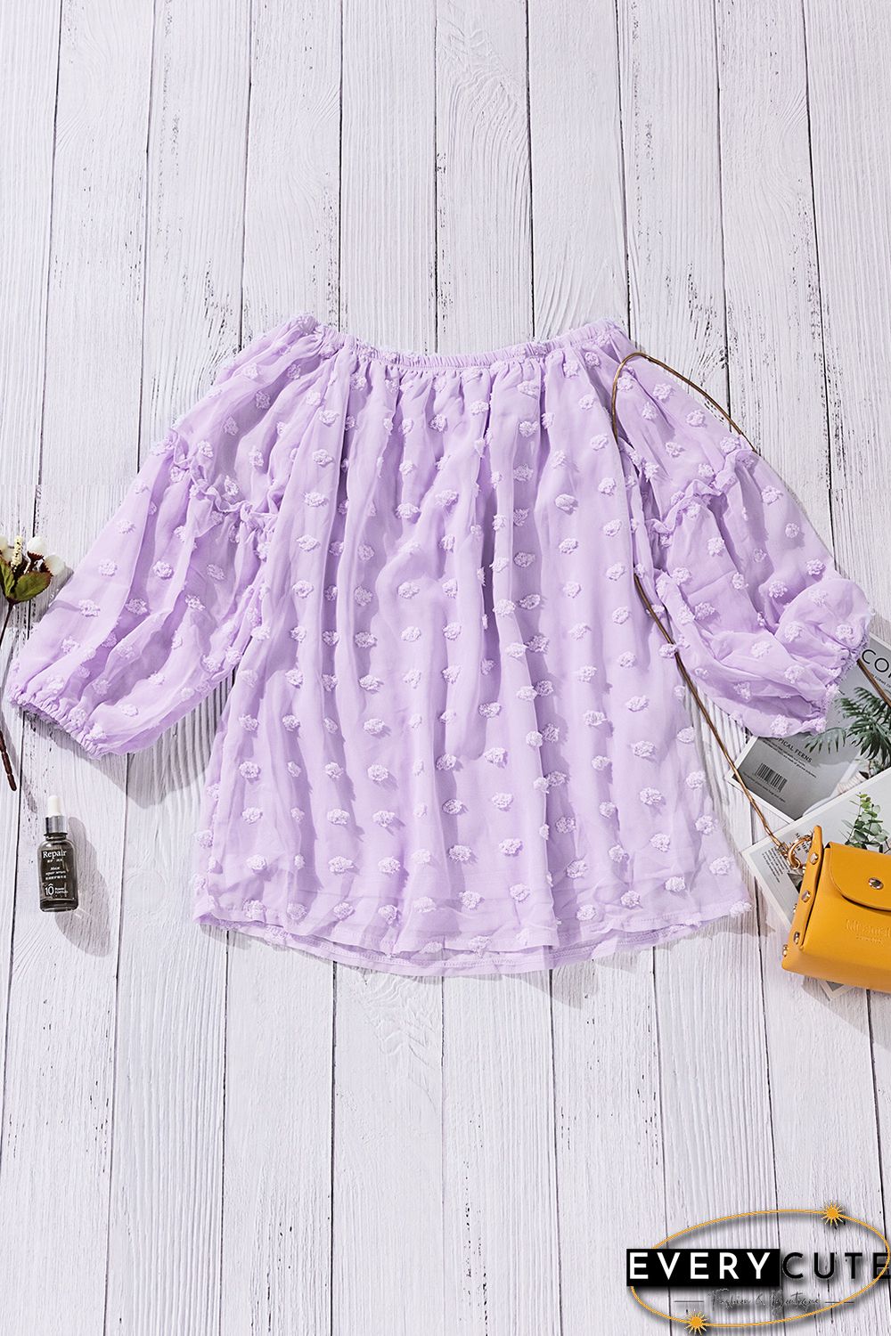 Purple Swiss Dot Off The Shoulder Blouse